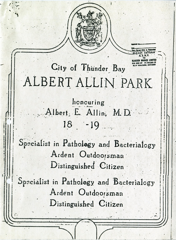 A mock up of the design for the plaque of dedication for Albert Allin