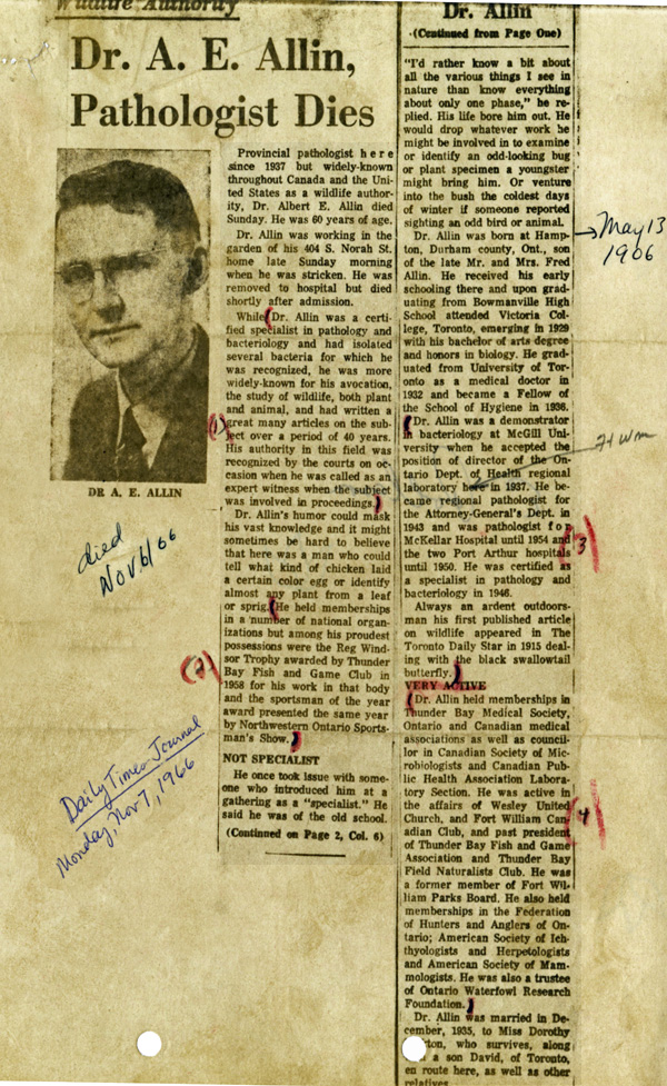 A newspaper clipping with a photograph of Albert Allin