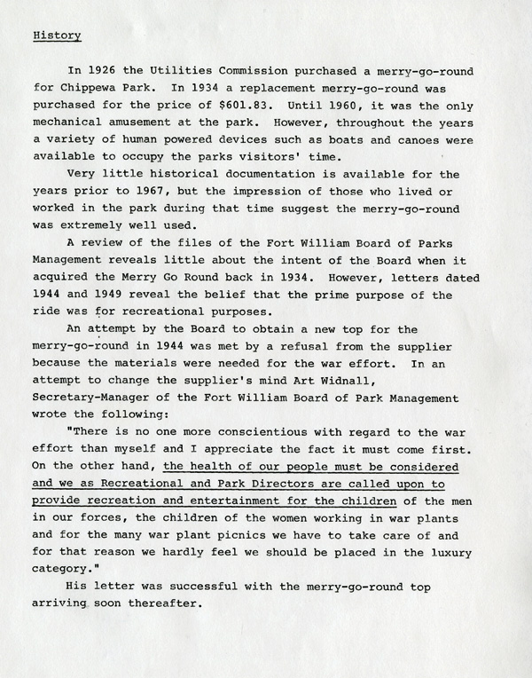 A typed document on white paper detailing the history of the Carousel