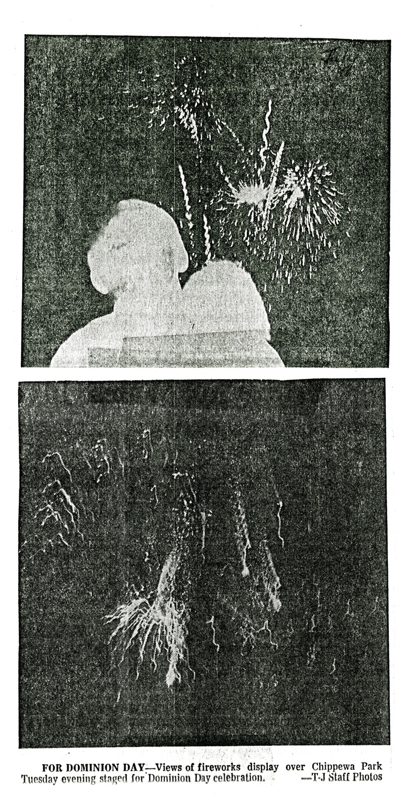 A black and white cut out photo from a newspaper shows fireworks