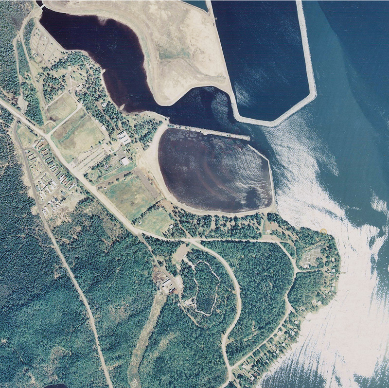 An aerial view of the park showing the beachfront and surrounding area