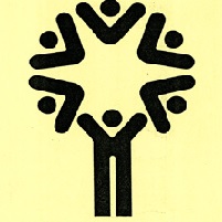 A black symbol with a man reaching up to a star on beige paper 