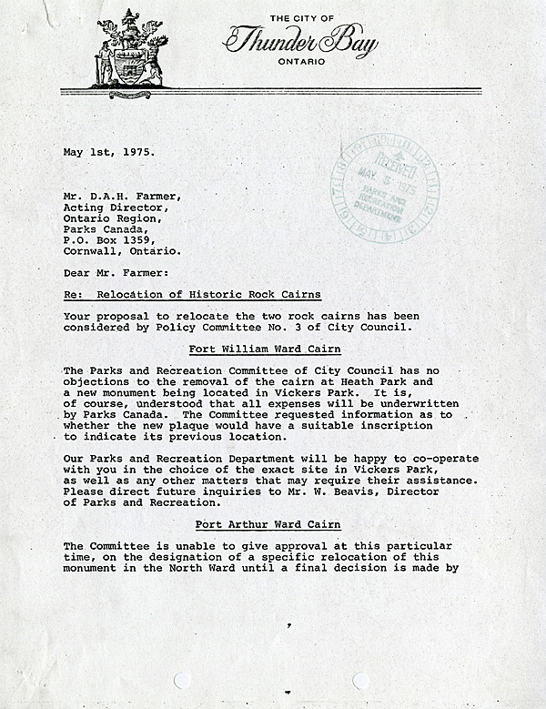 A typed letter on City of Thunder Bay Letterhead