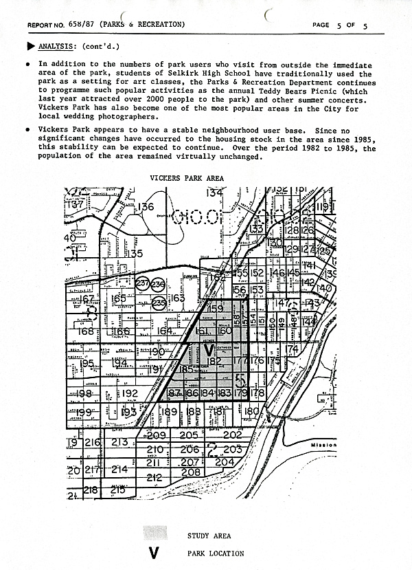 A typed document on white paper with a map at bottom of Vickers Park