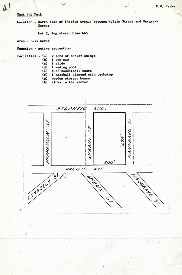 A simple line drawing of Frank Charry Park with accompanying text