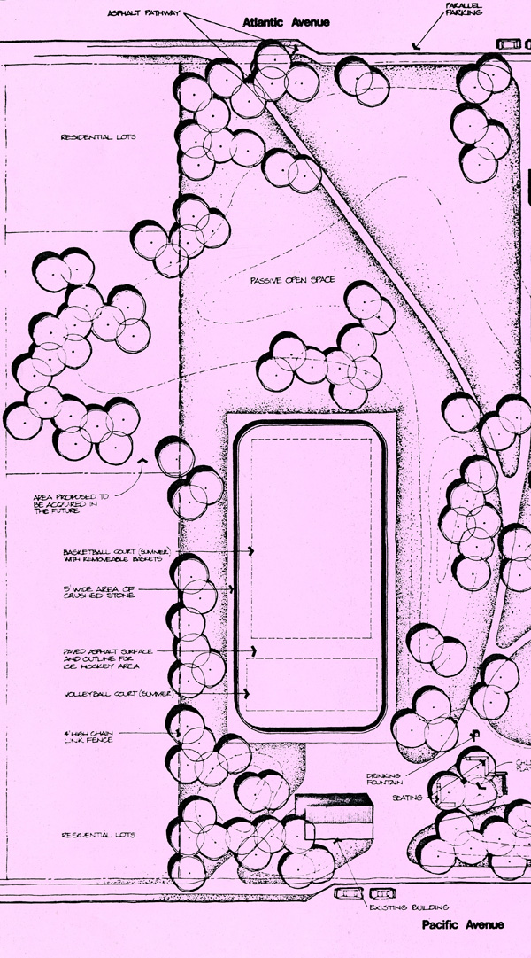 A technical plan of Frank Charry Park on pink paper showing roads and trees 