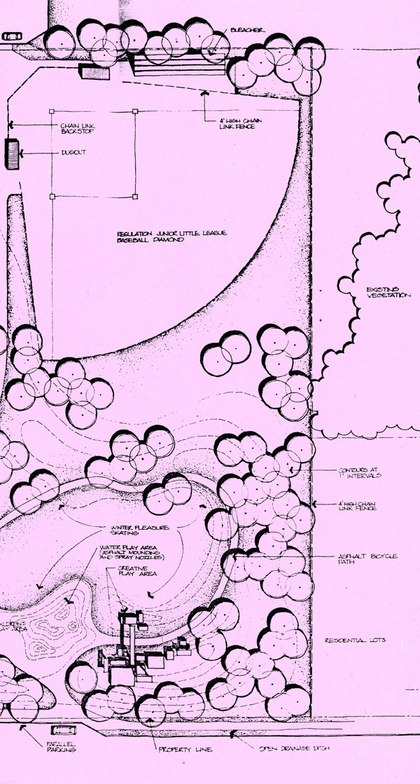 A pink paper with a technical drawing showing roads and trees