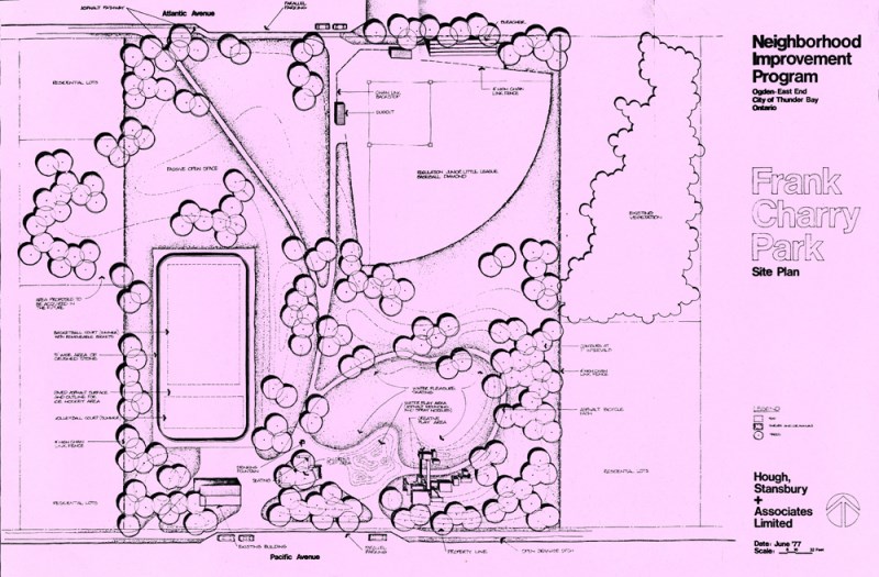 A technical drawing of Frank Charry Park showing play areas and trees