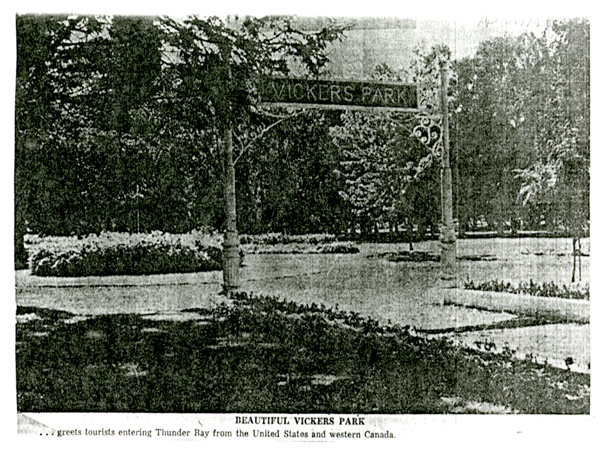 A gateway built above the grass with "Vickers Park" above 