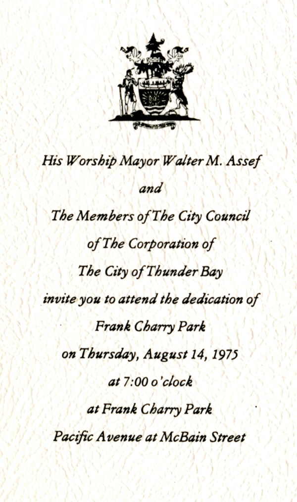 A black and white typed invitation with the City of Thunder Bay coat of arms
