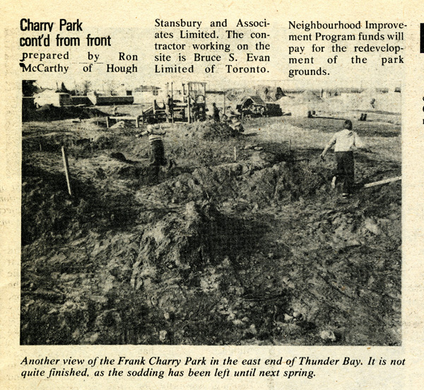 A newspaper article detailing the Frank Charry Park showing children playing