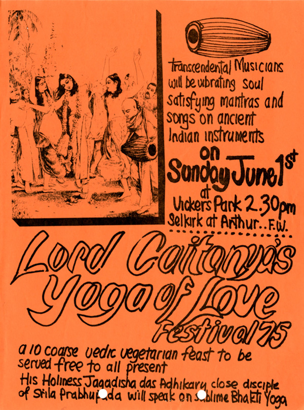 An orange flyer with words as well as a drawn picture of men and women