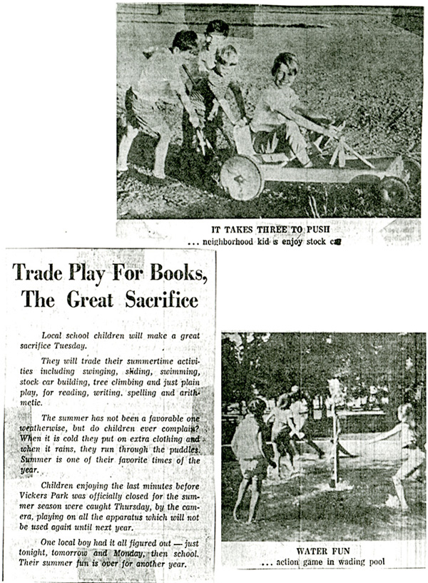 Various newspaper clippings taped together on white paper
