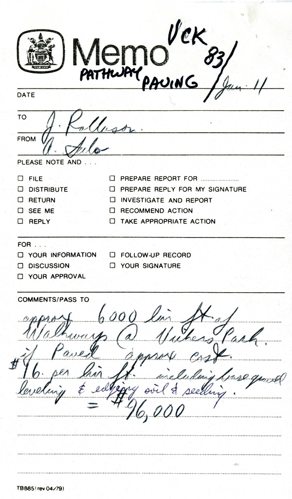 An intercity memo typed on official City of Thunder Bay letterhead