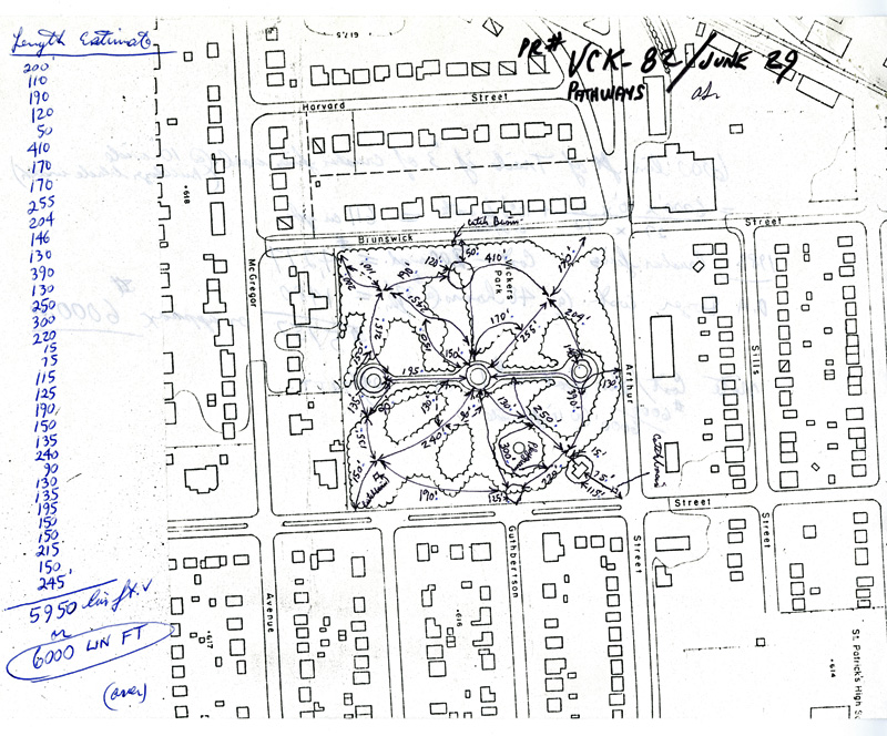 A hand drawn map of Vickers Park as well as the surrounding area 