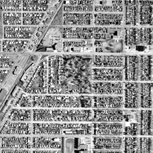 An aerial photo of Vickers Park and the surrounding area taken from above