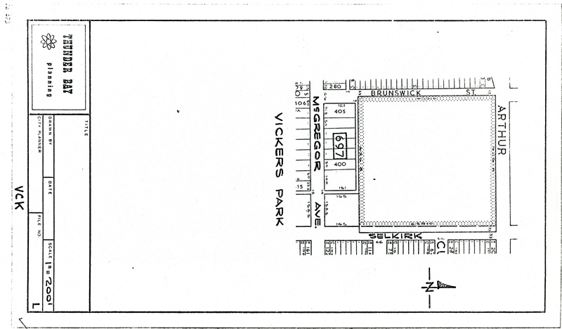 A hand drawn map of Vickers Park as well as the surrounding area 