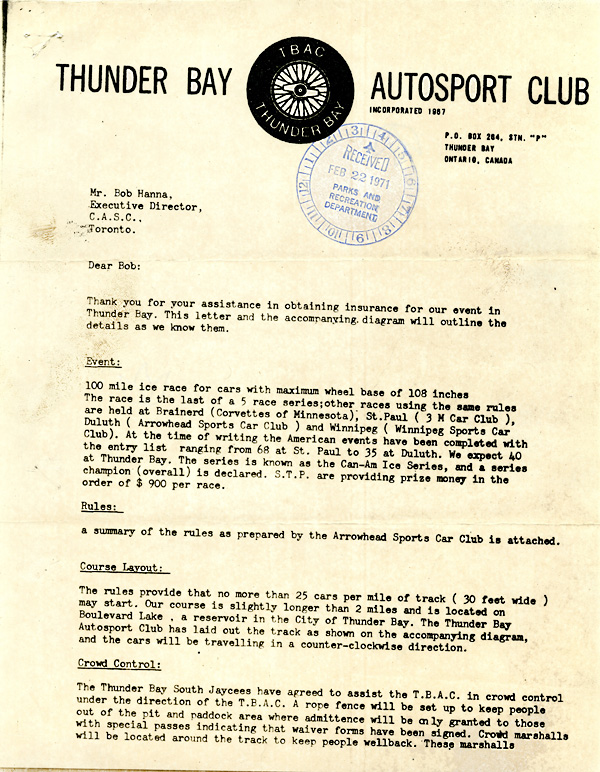 A typed letter with a Thunder Bay Auto Club letterhead