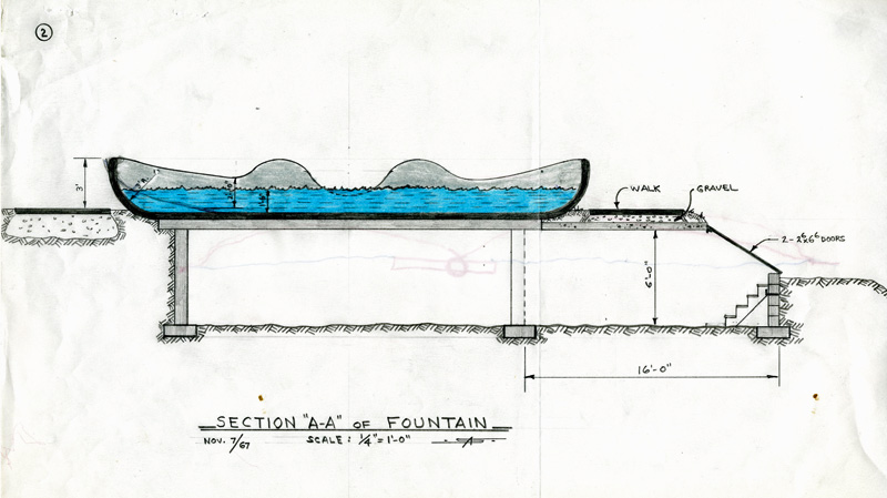 A handrawn photo of a proposed fountain and its internal structure