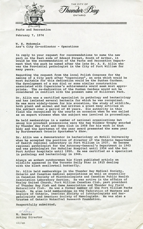 An official document typed on city of Thunder Bay letterhead