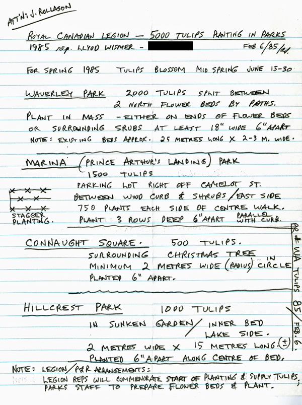 A handwritten document detailing the donation of tulips 