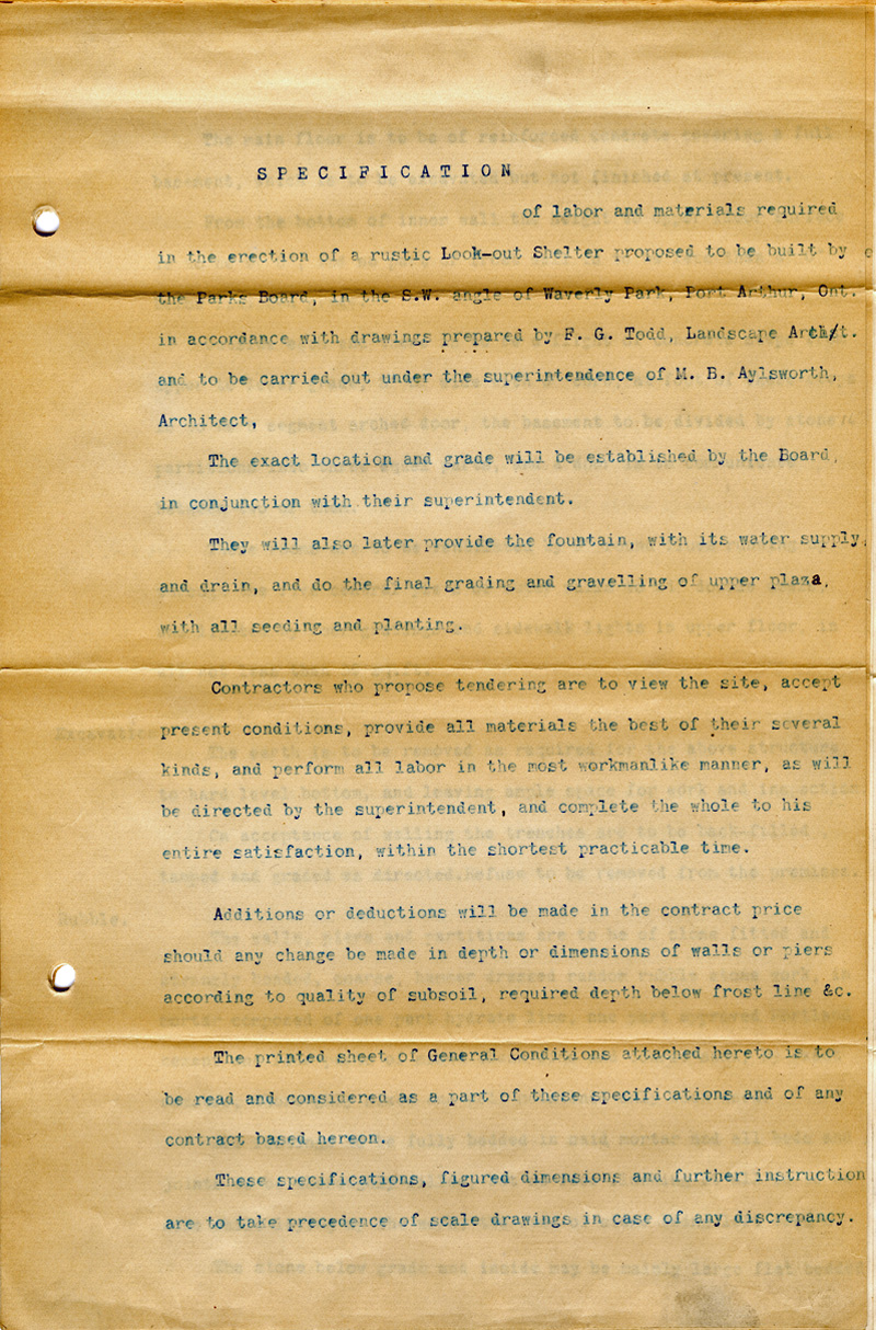 A typed document on brown paper with blue ink