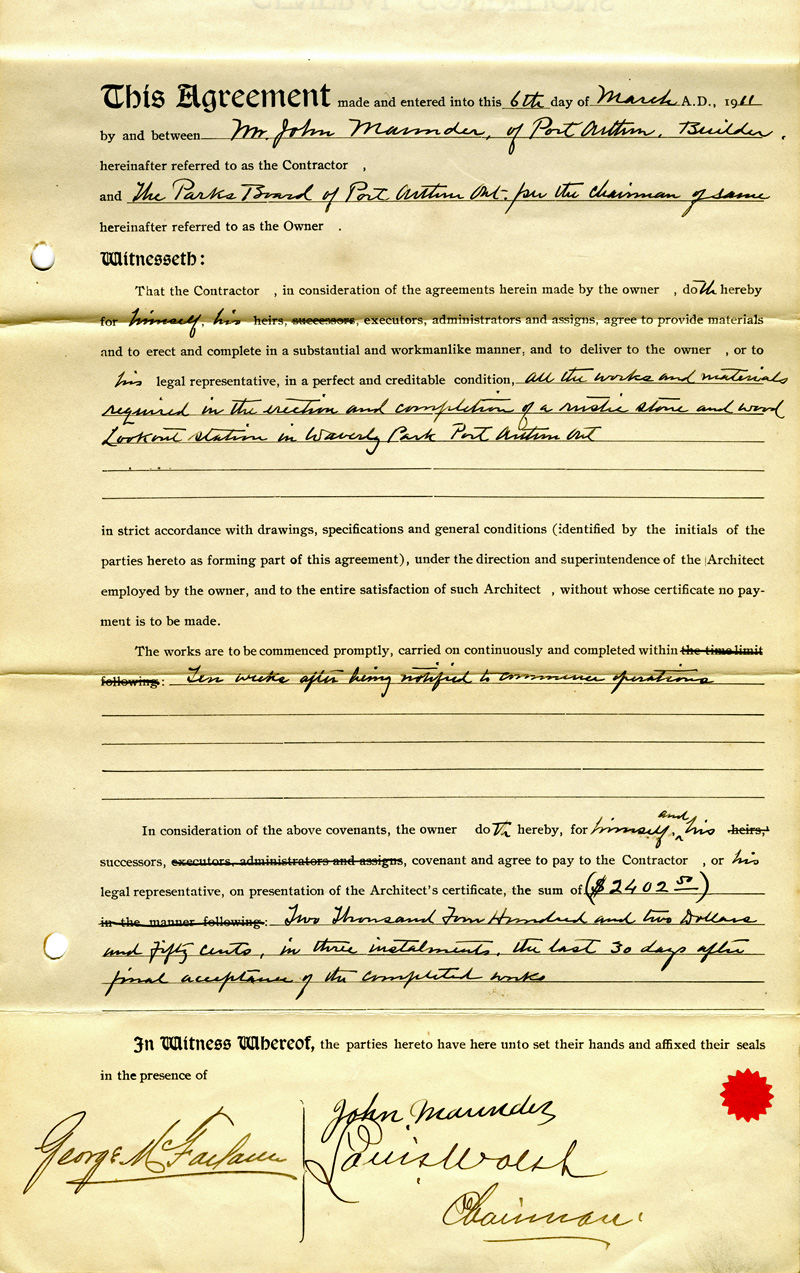 A typed agreement written in black ink with both typed and handwritten writing