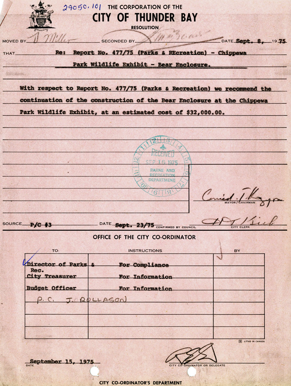 A typed document on pink paper details a report of Chippewa Park