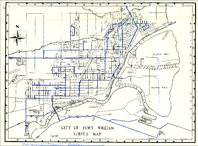 A hand drawn map of transit routes in the city of Fort William, 1960