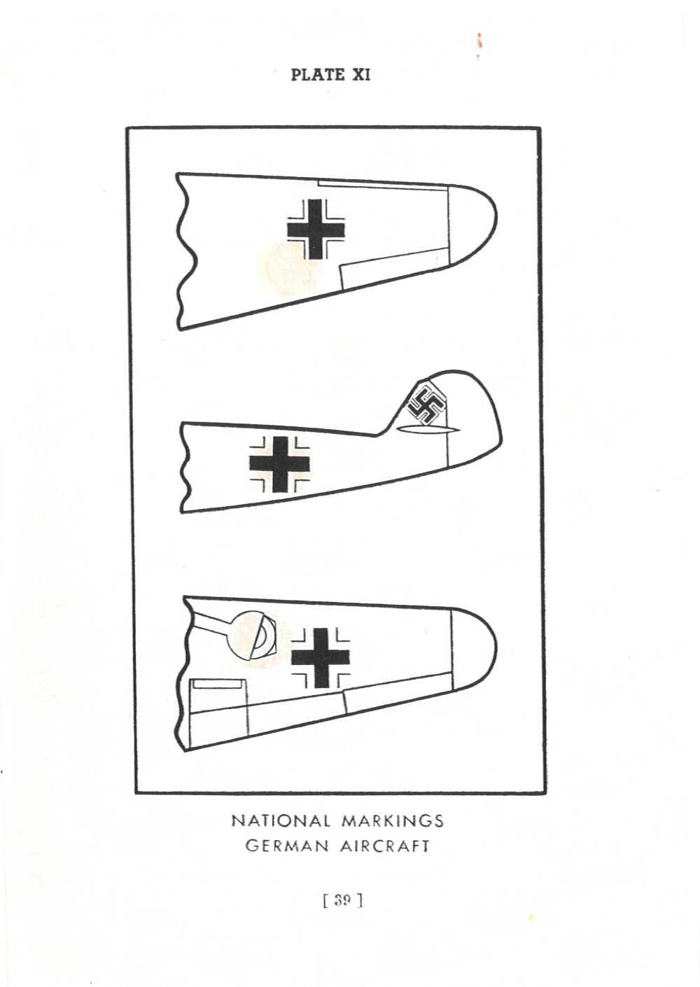 Image depicts the wings and tail of a German aircraft with a label under the image saying "NATIONAL MARKINGS GERMAN AIRCRAFT". Label at the top describes the page as PLATE XI. Page number at the bottom is thirty-nine.