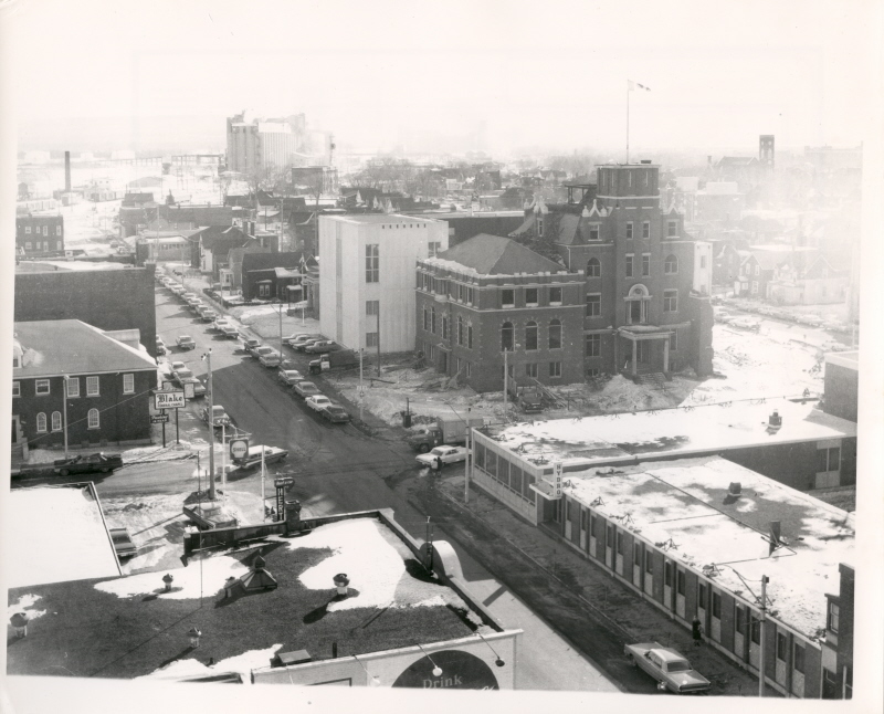 An aerial photo of the demolition of City Hall 