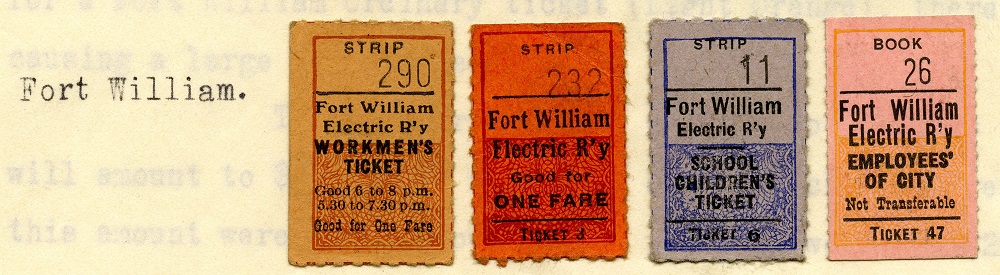 various street railway tickets from Port Arthur and Fort William