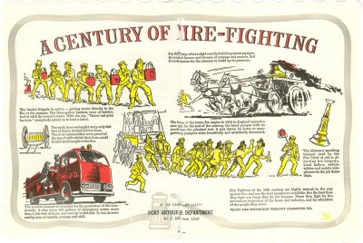 A poster with both drawn images and words detailing a century of firefighting