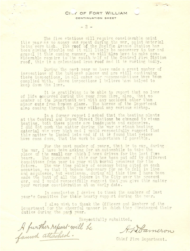 A typed report with a Fort William crest at the top 