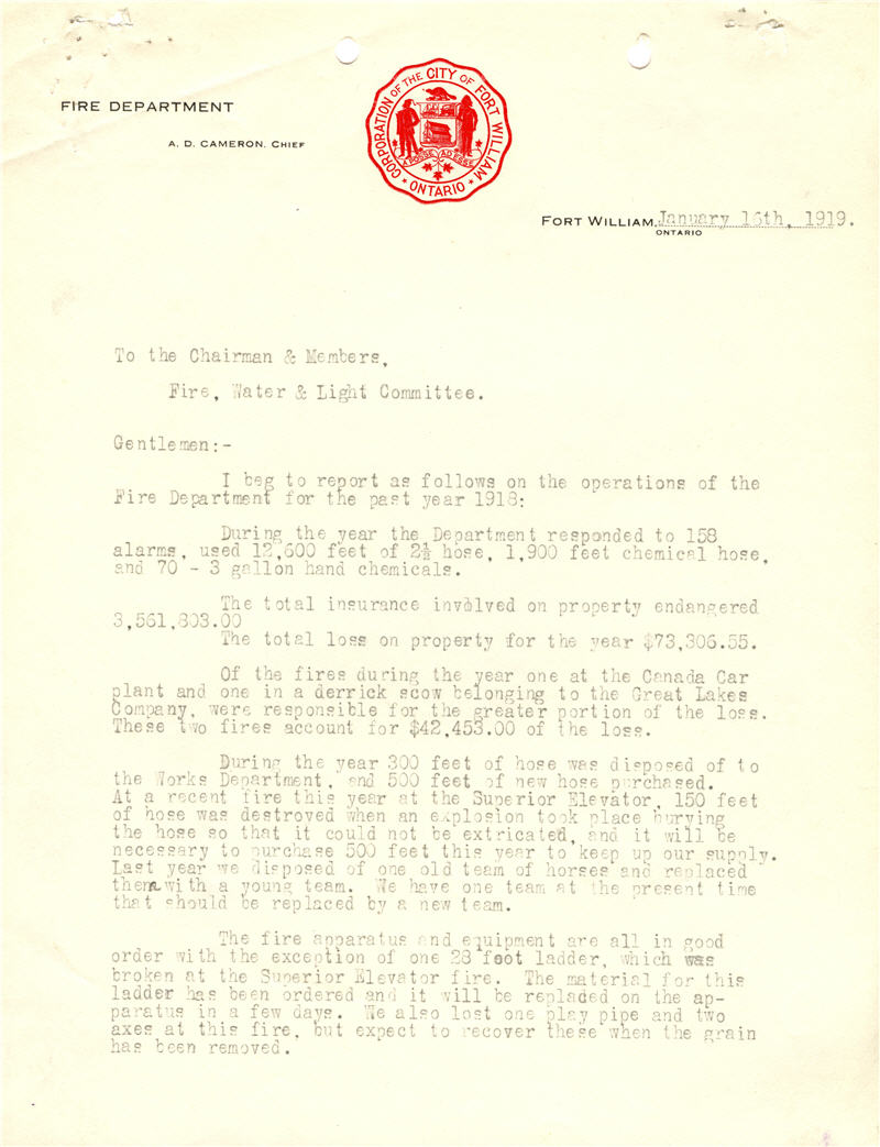 A typed report with a red Fort William Crest at the top