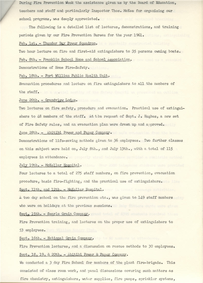 A typed document detailing the Fort William Fire Department Annual Report