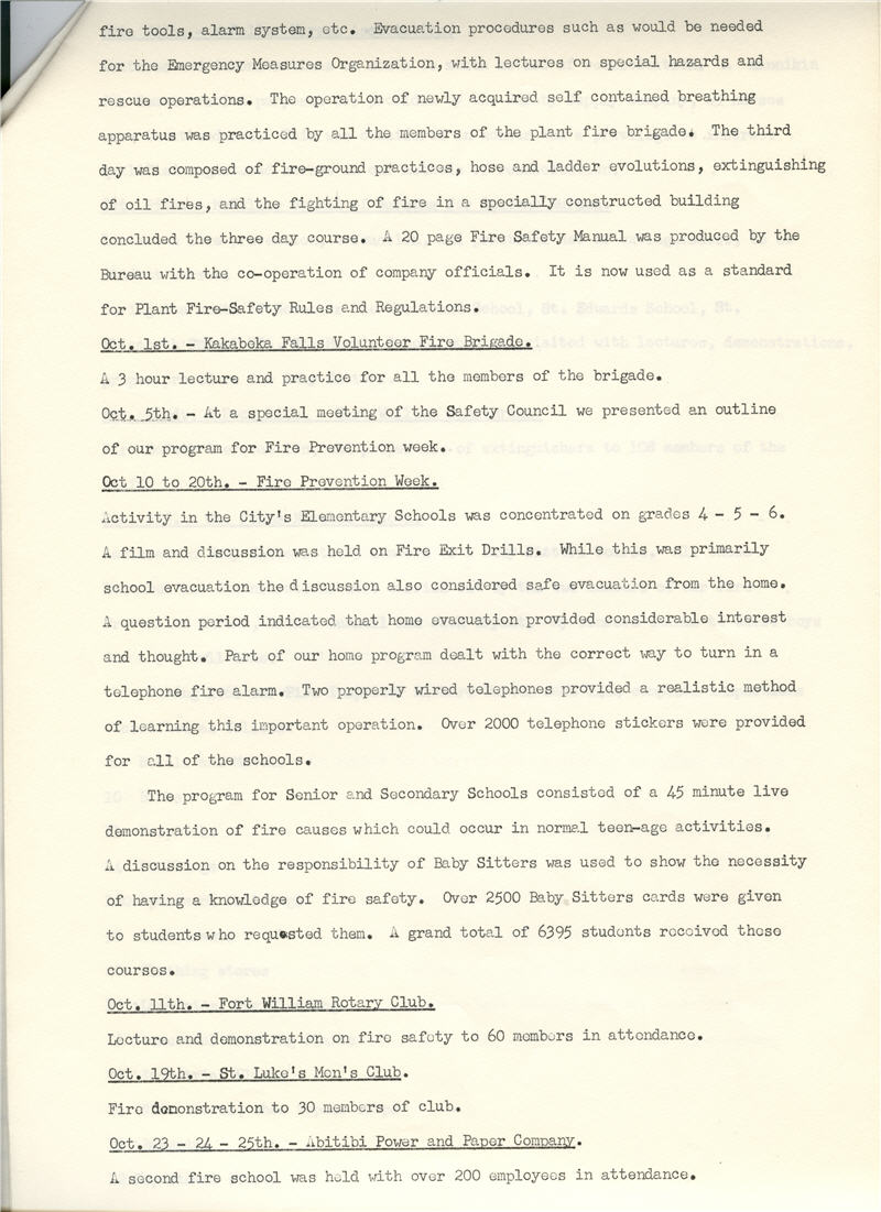 A typed document detailing the Fort William Fire Department Annual Report