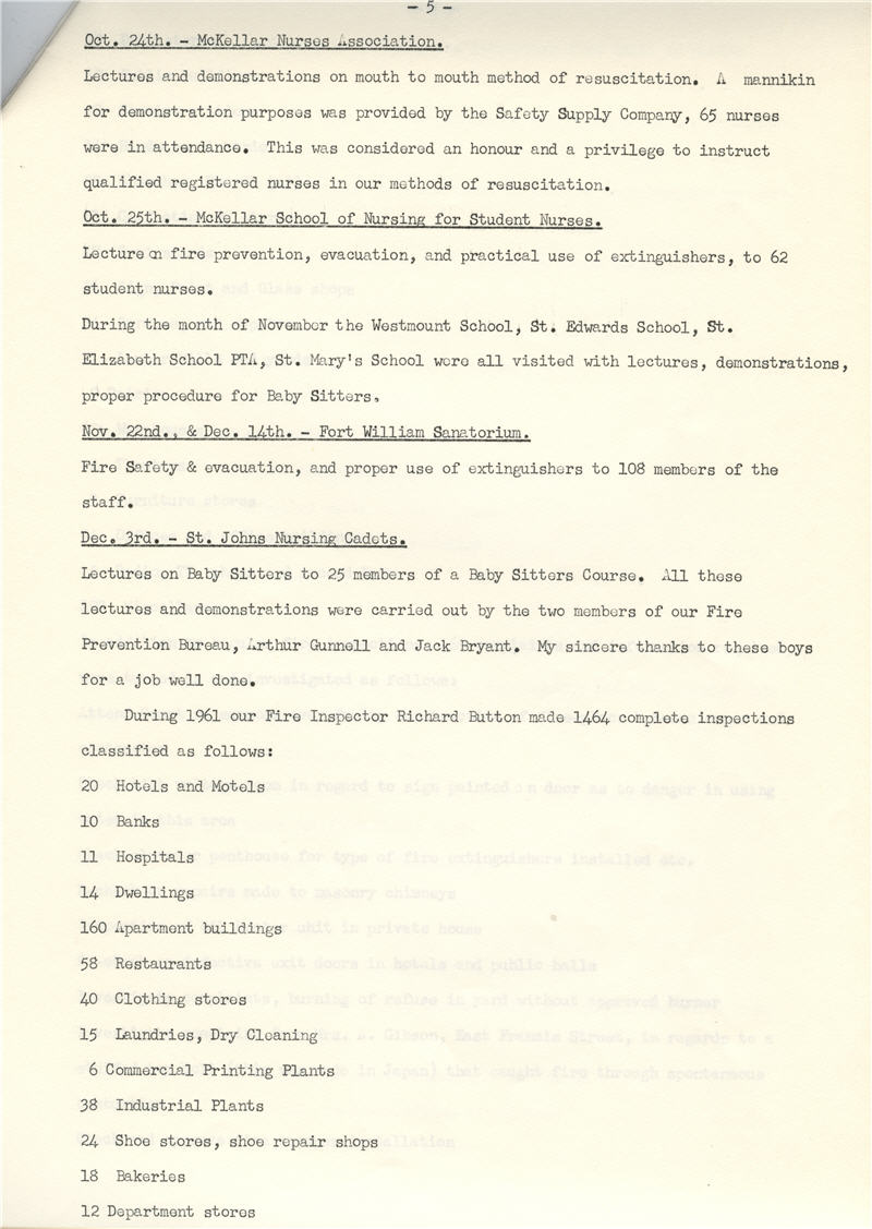 A typed document detailing the Fort William Fire Department Annual Report