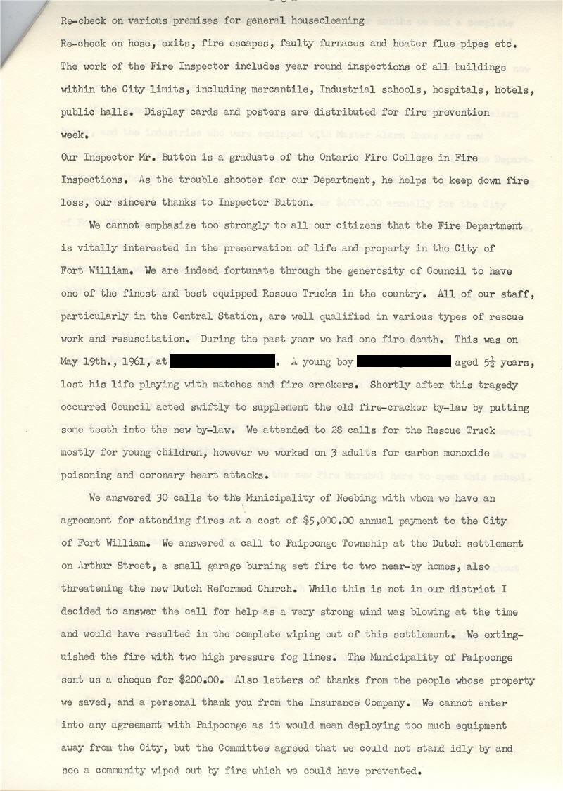 A typed document detailing the Fort William Fire Department Annual Report