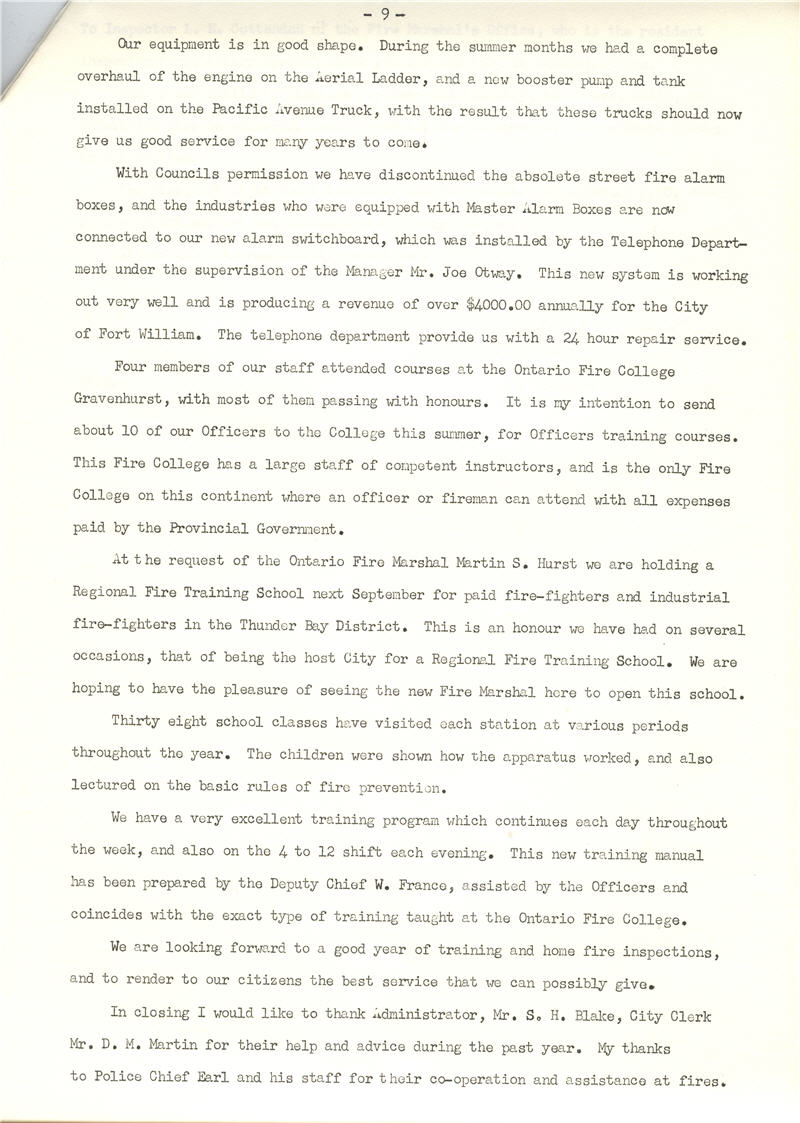 A typed document detailing the Fort William Fire Department Annual Report