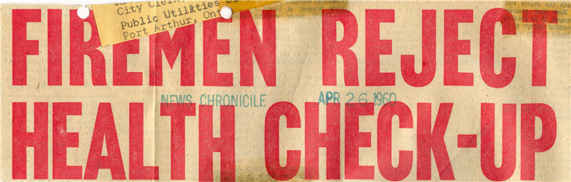 A newspaper clipping with red lettering features a bold front page headline