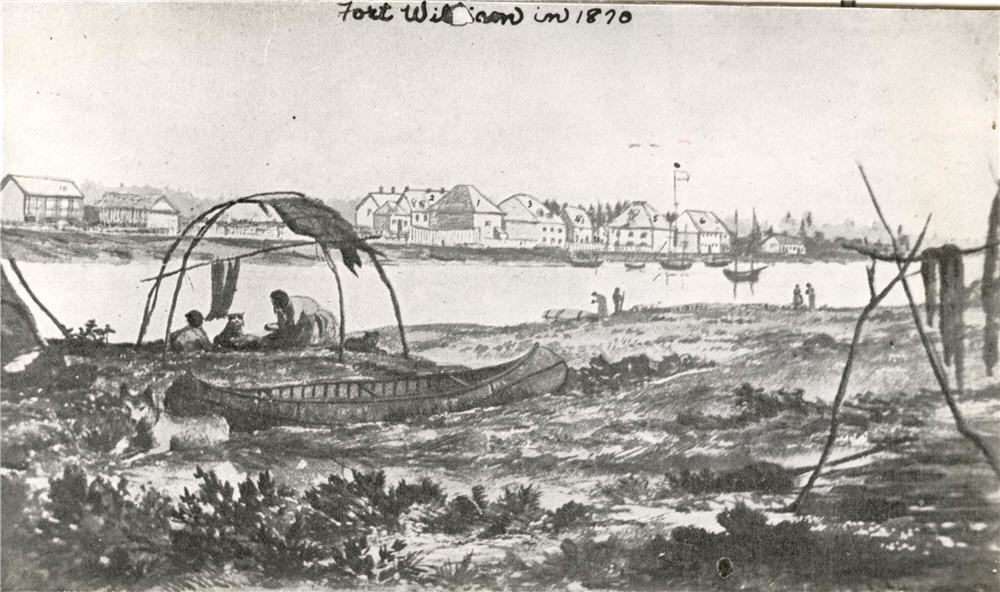 A drawing of the waterfront overlooking a body of water with canoes and houses