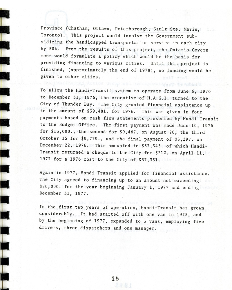 typed results of the Handi-Transit study released by the city of Thunder Bay in 1977