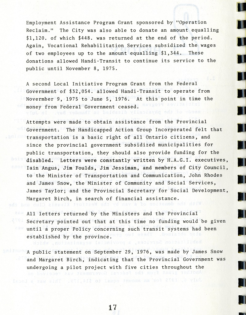 typed results of the Handi-Transit study released by the city of Thunder Bay in 1977