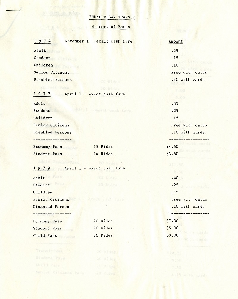 a typewritten document detailing the history of fare prices for transit 1974-1984