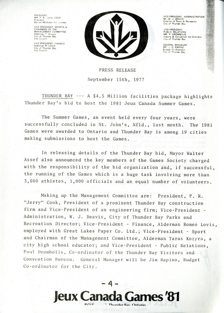 A typed media Release from 1977