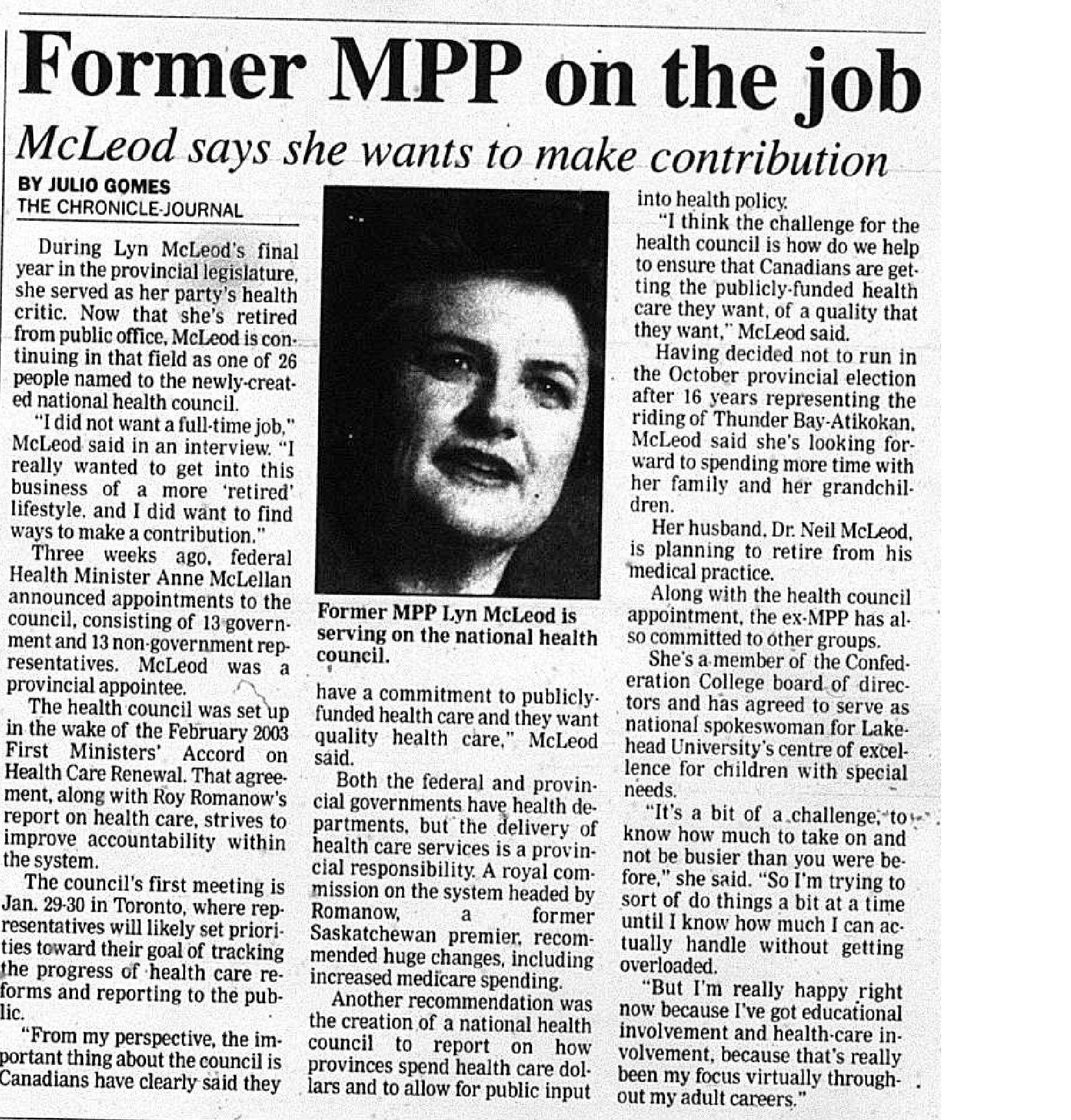 Lyn McLeod newspaper article