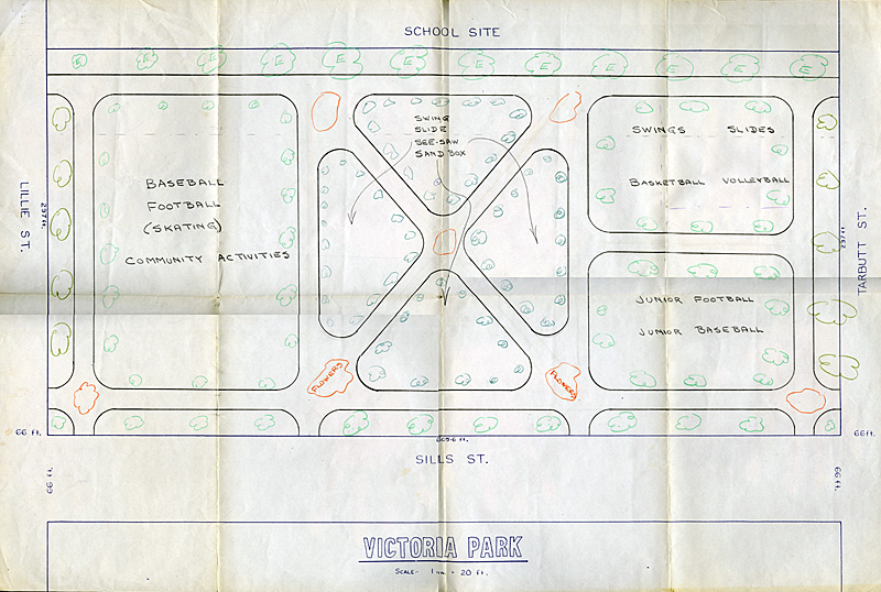 A handdrawn map of a potential playground with footpaths and shrubs