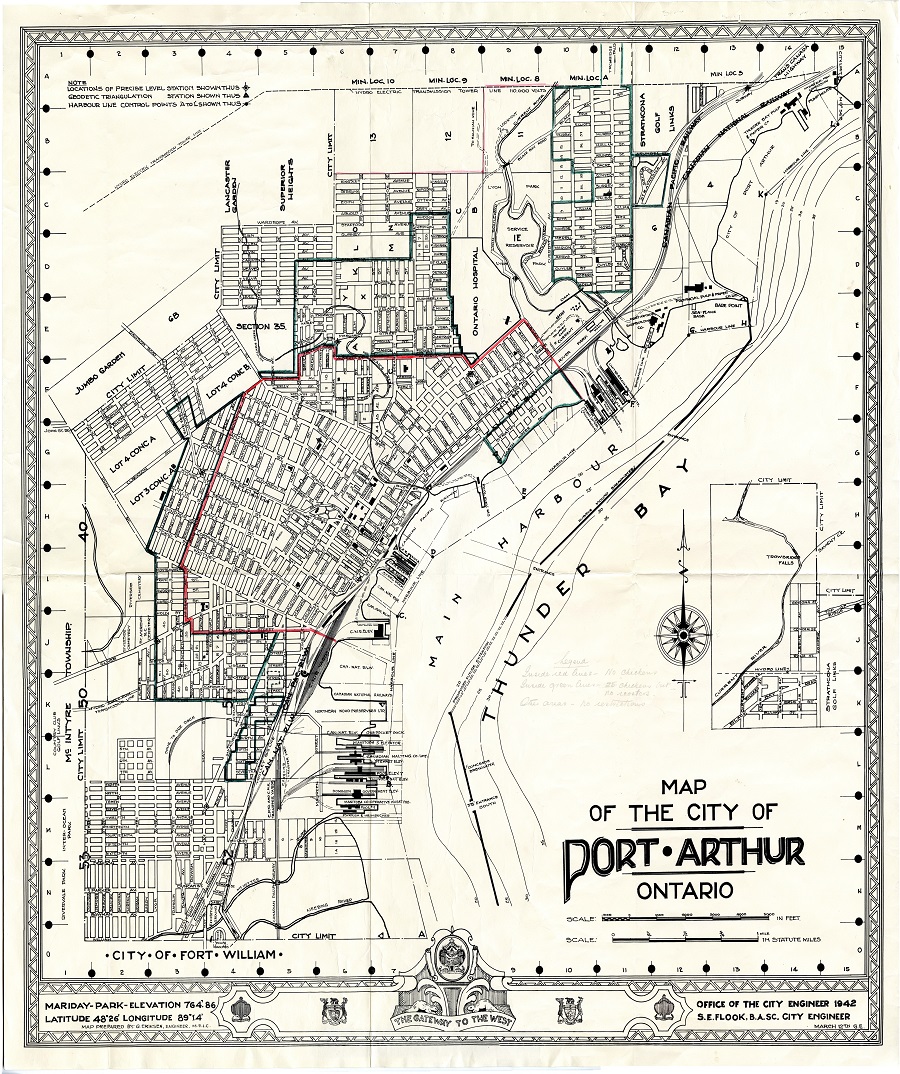 A hand drawn map of Port Arthur showing city streets and buildings