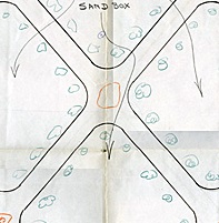 Abstract drawings showing paths and shrubs 